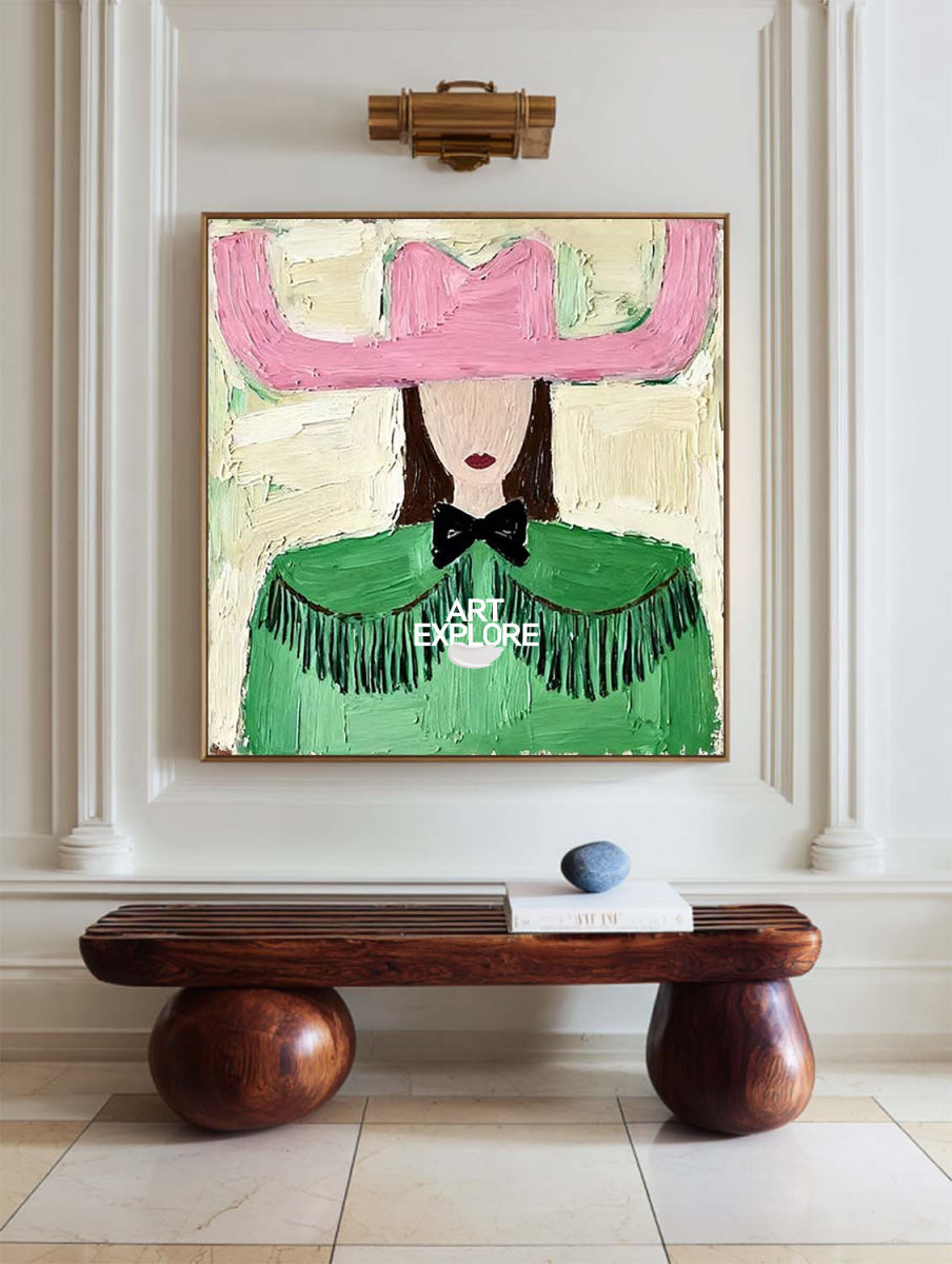 Charming Folk Art Painting With Pink Hat And Green Shawl For Modern Home Decor
