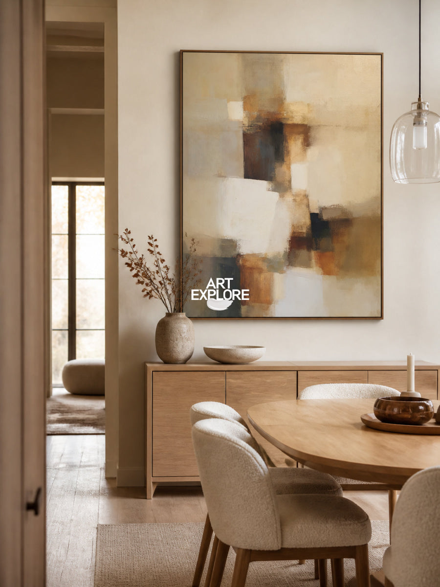 Earthy Abstract Expressionism Art Beige Brown Handmade Canvas For Office Decor
