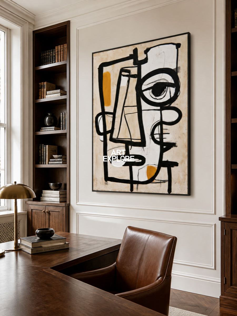 Abstract Eye Canvas Painting Minimalist Black Beige Line Art