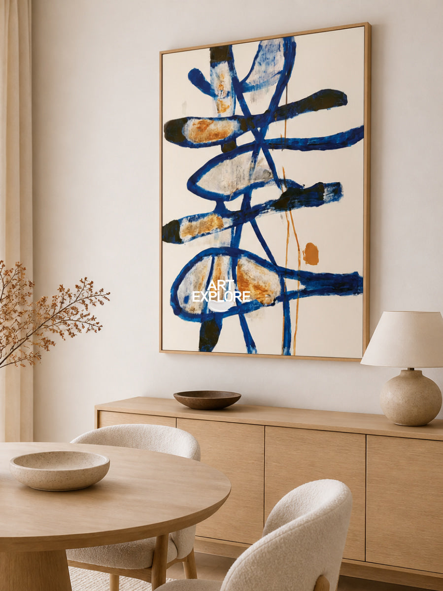 Modern Blue Wall Art For Living Room Minimalist Abstract Canvas Painting Original