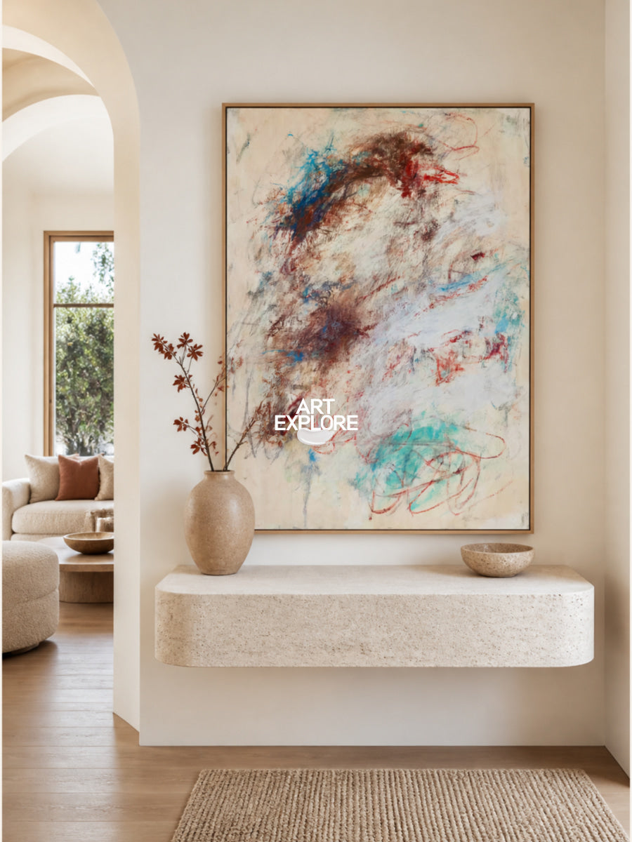 Modern Beige Wall Art With Expressive Lines For Living Room And Office Decor