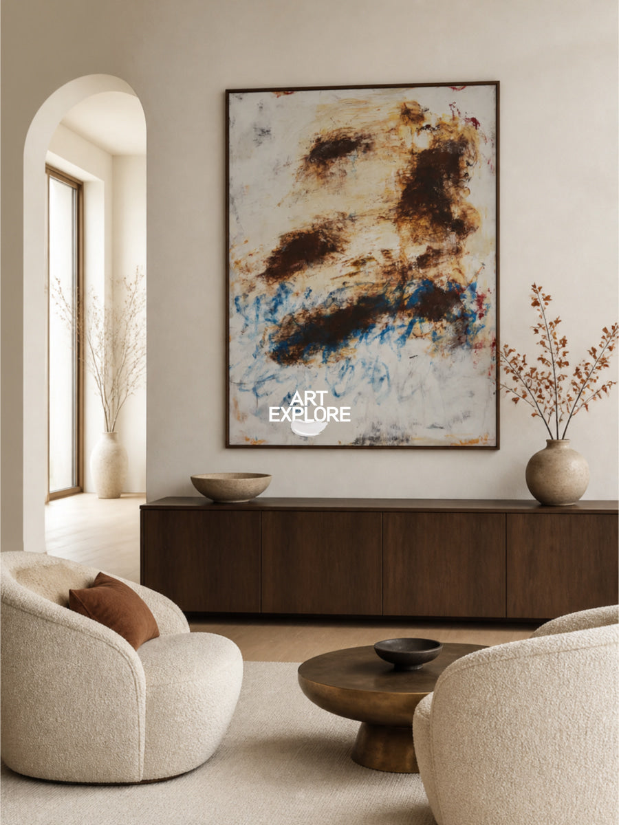 Expressive Doodle Style Painting In Brown And Blue Hues