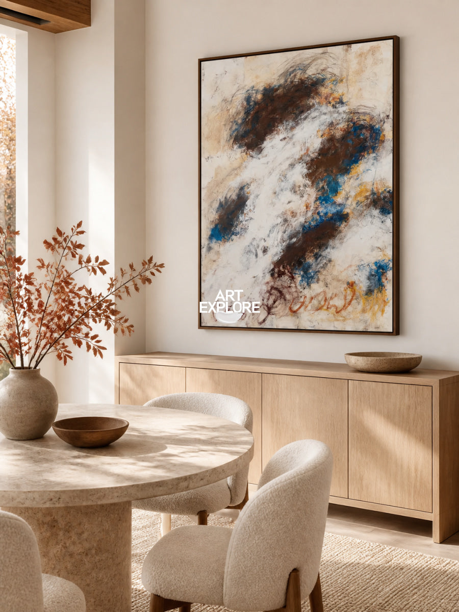 Expressive Doodle Style Painting In Blue And Brown Tones