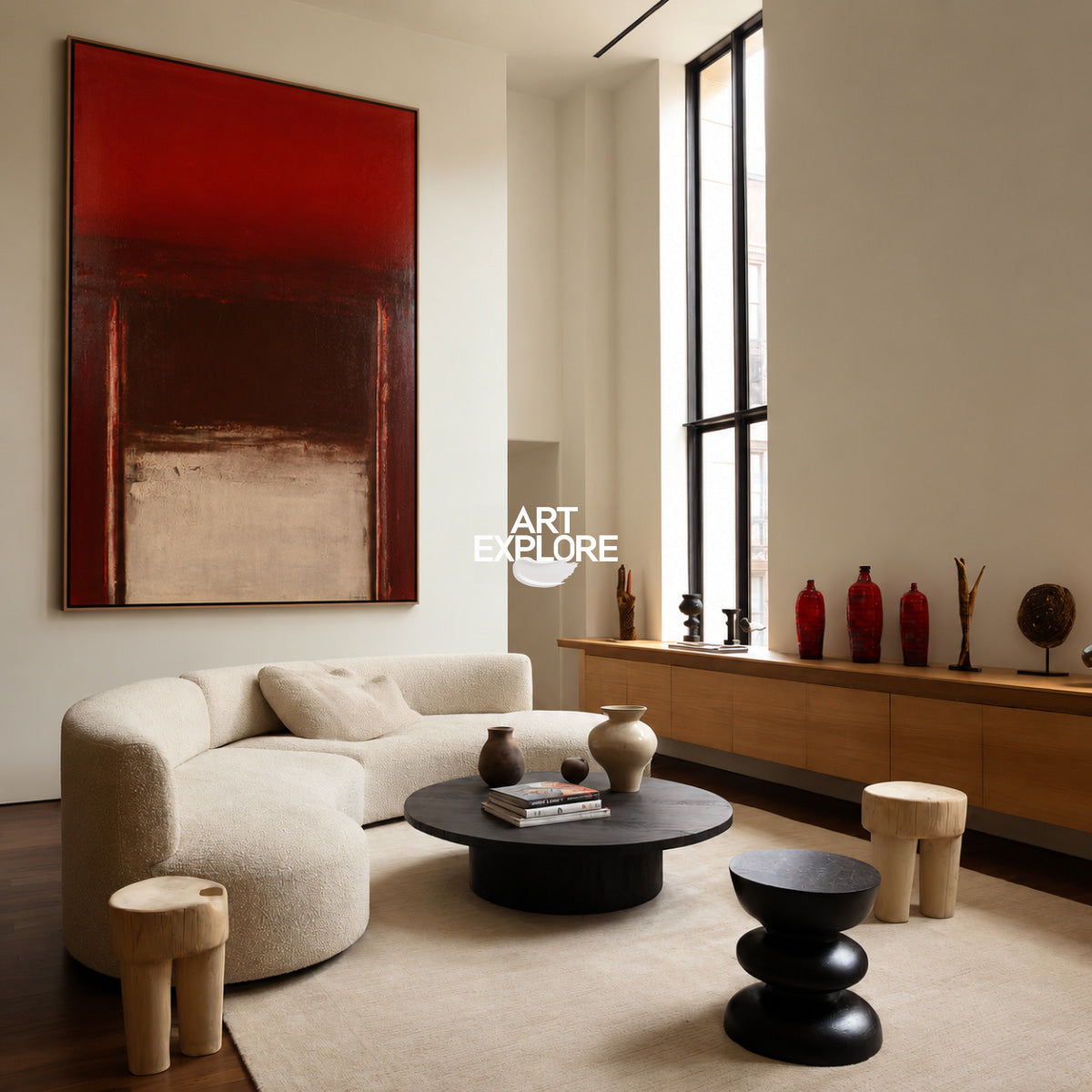Abstract Red And Beige Minimalist Canvas Painting For Modern Walls