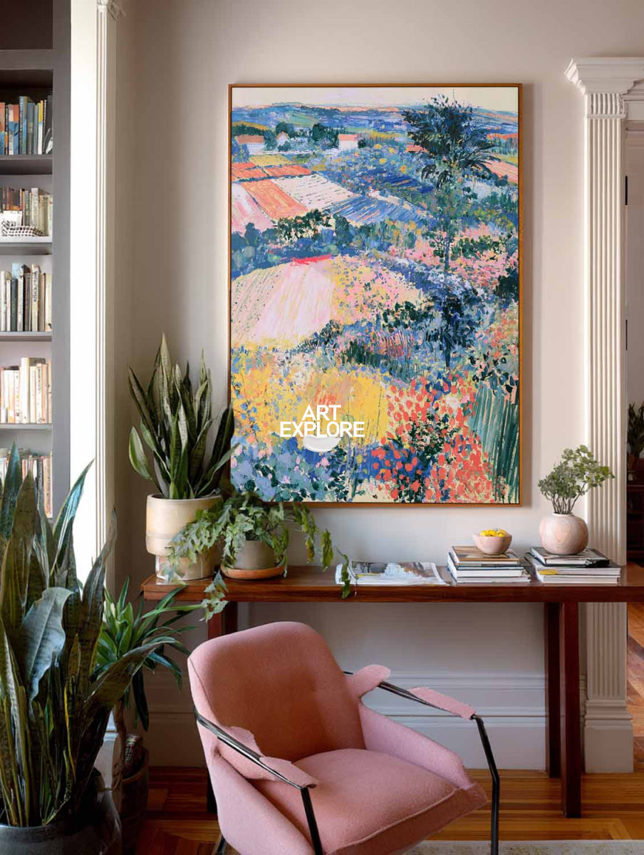 Hand-Painted Impressionist Countryside Landscape Canvas Painting In Blue And Pink