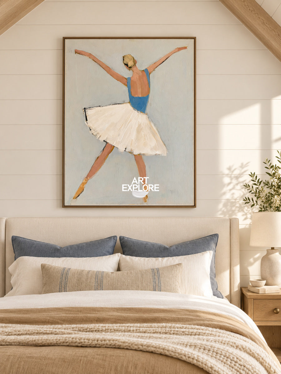 Ballerina Canvas Painting Minimalist Blue And Beige Hand-Painted Wall Art