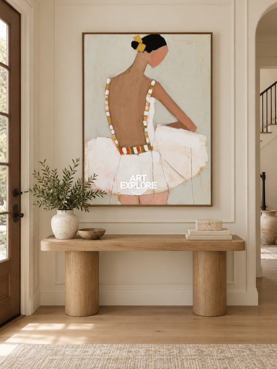 Ballerina Canvas Painting Minimalist Beige And Brown Hand-Painted Wall Art