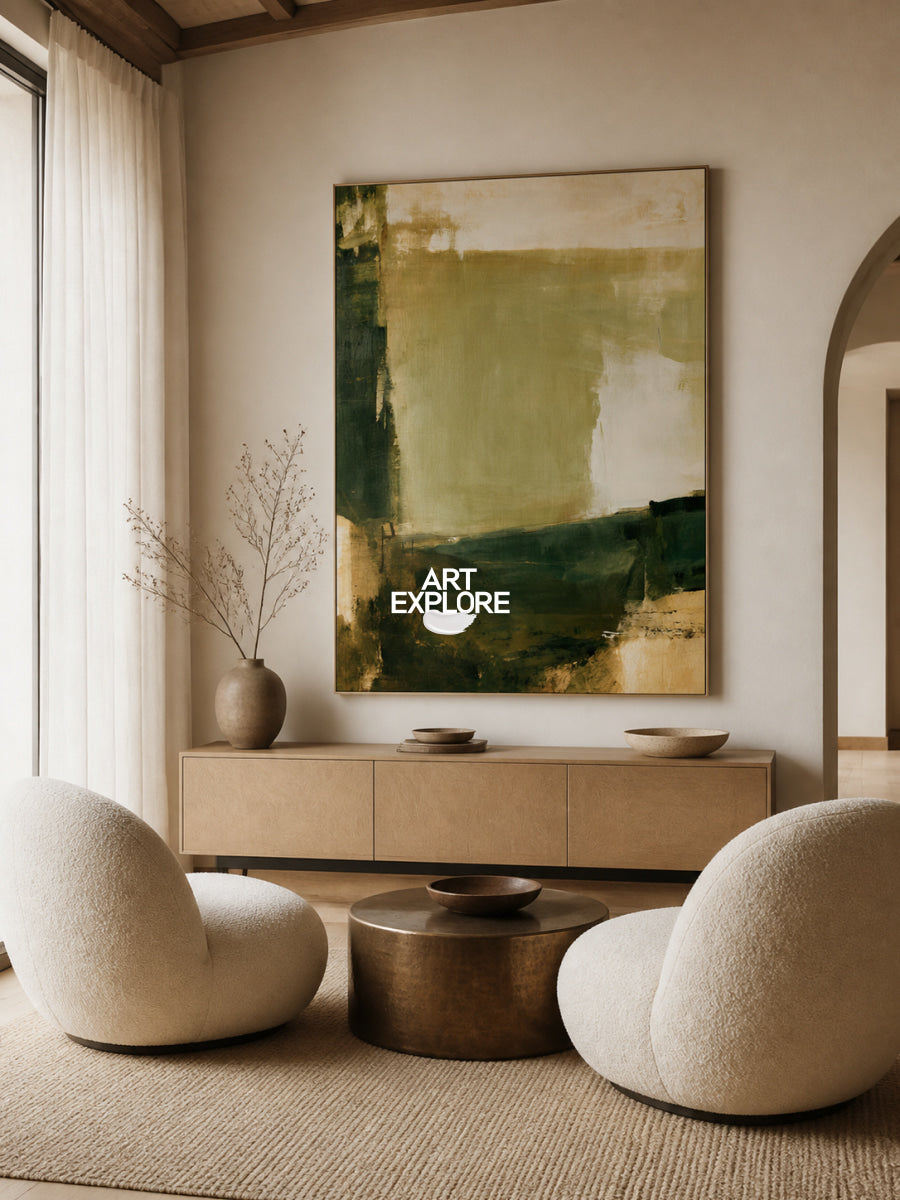 Hand-Painted Minimalist Abstract Art In Earthy Green Tones For Modern Homes