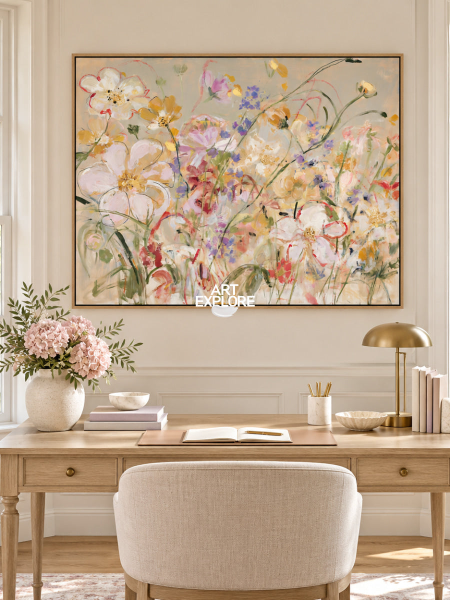 Abstract Floral Canvas Painting With Colorful Textured Flowers For Modern Wall Art