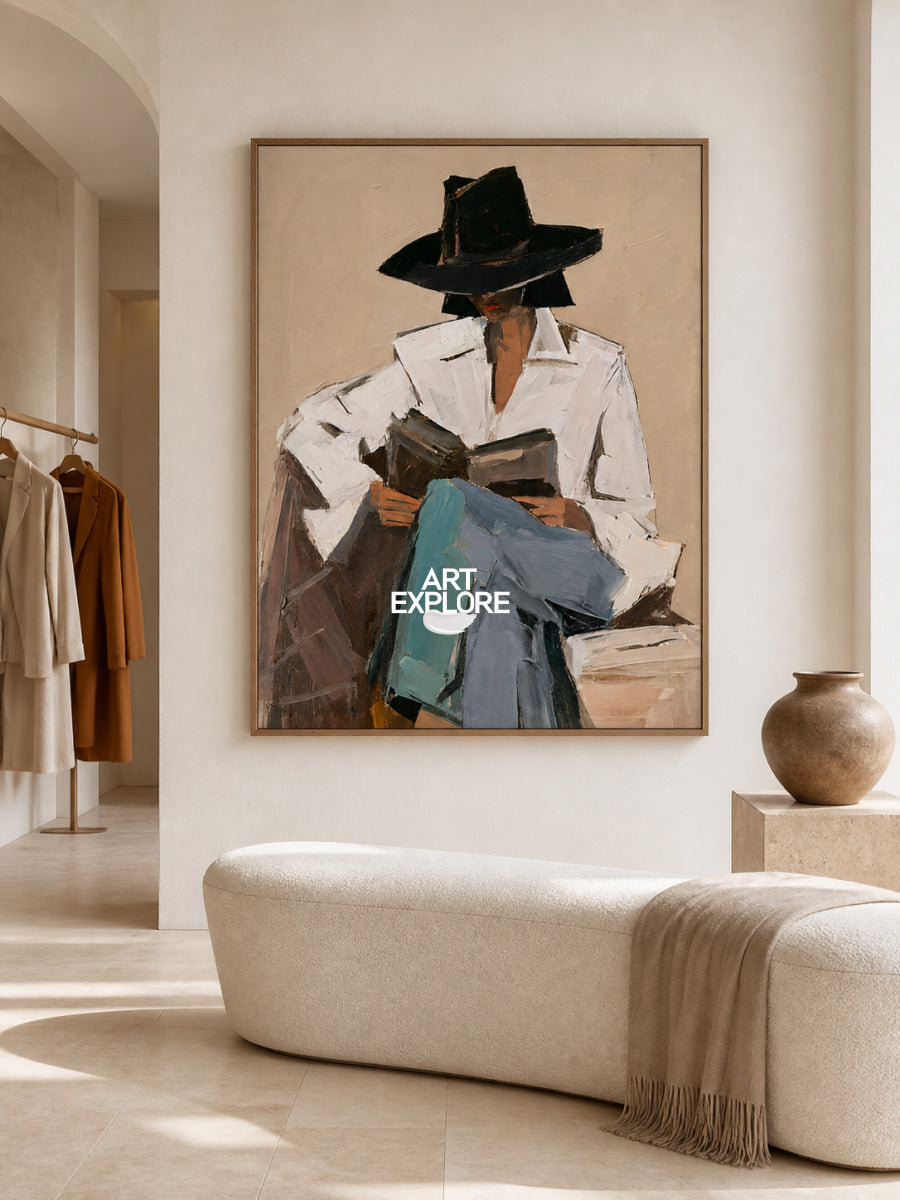 Minimalist Female Portrait Canvas Painting With Black Hat And White Shirt In Beige Tones