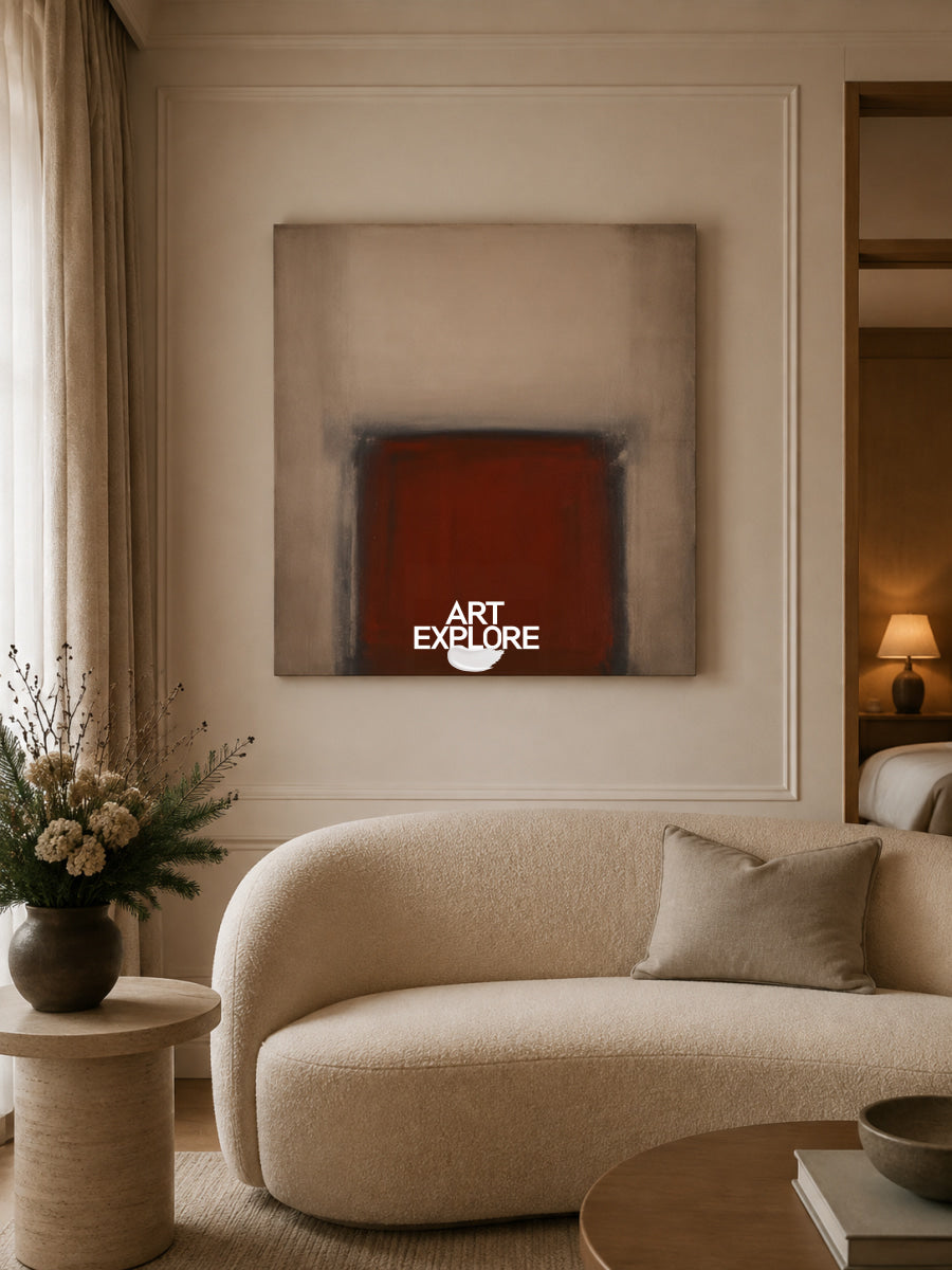 Minimalist Red Abstract Canvas Art With Soft Beige Tones And Geometric Shape