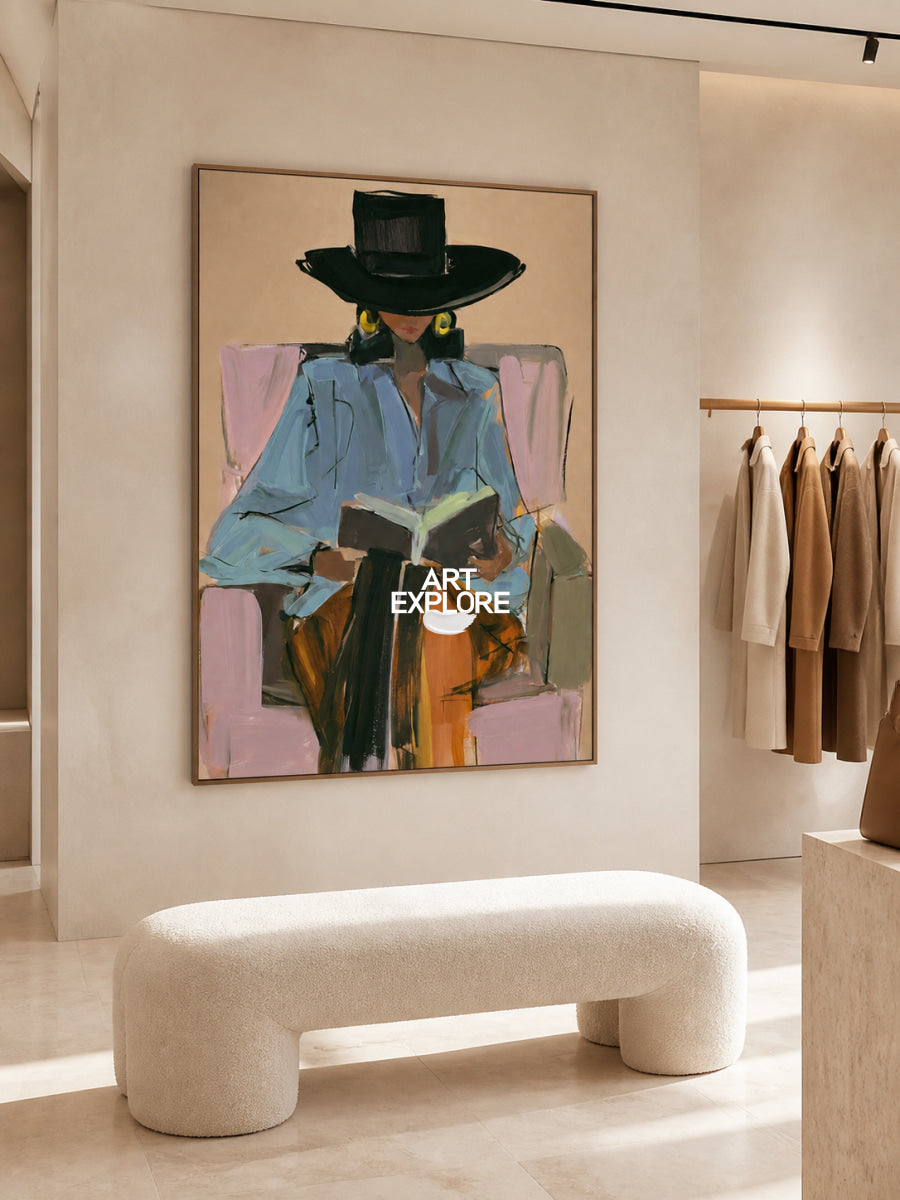 Abstract Woman Reading Canvas Painting In Brown Tones Hand-Painted Wall Art