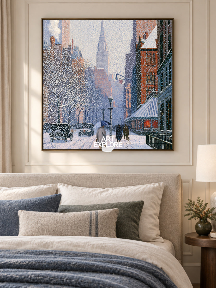 Realistic Winter Cityscape Hand-Painted Canvas Art In Blue And White