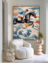 Equestrian Horse Riding Art | Large Vertical Blue Textured Oil Canvas Art | ArtExplore