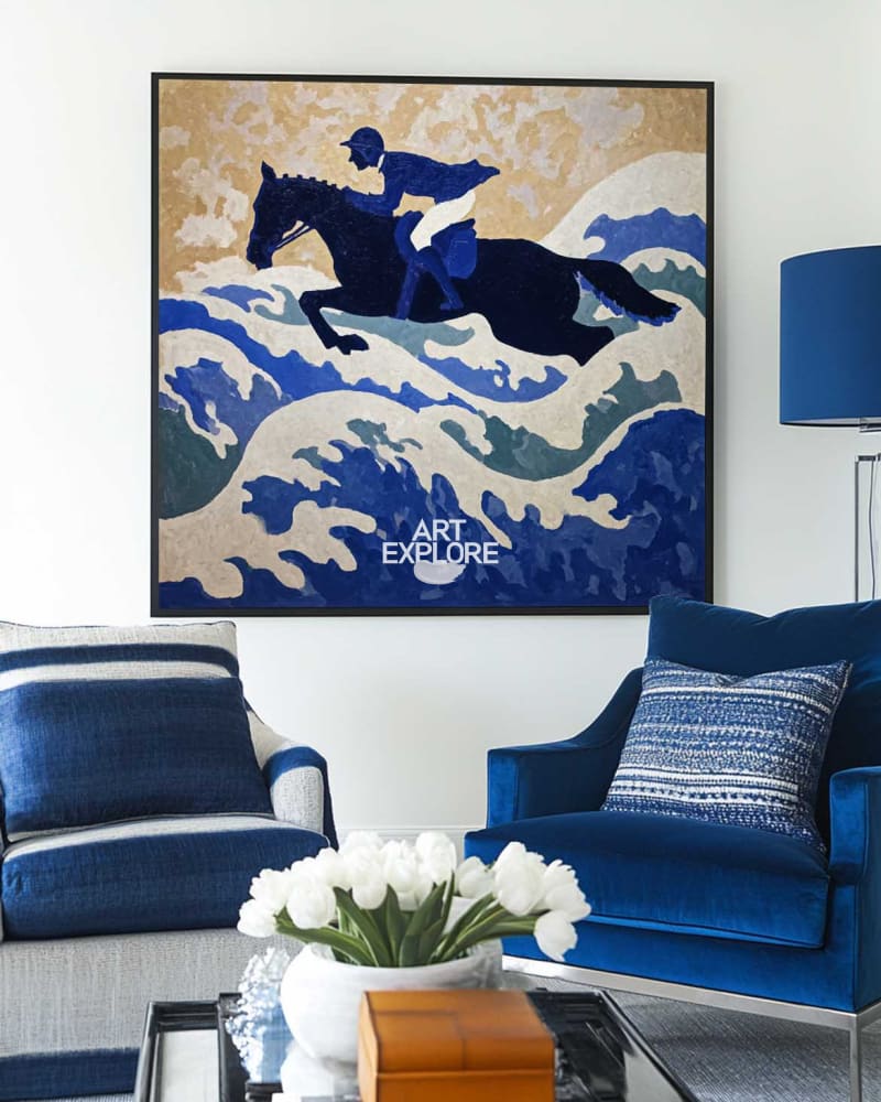 Equestrian Wall Art | Large Blue Textured Horse Racing Canvas Painting | Artexplore