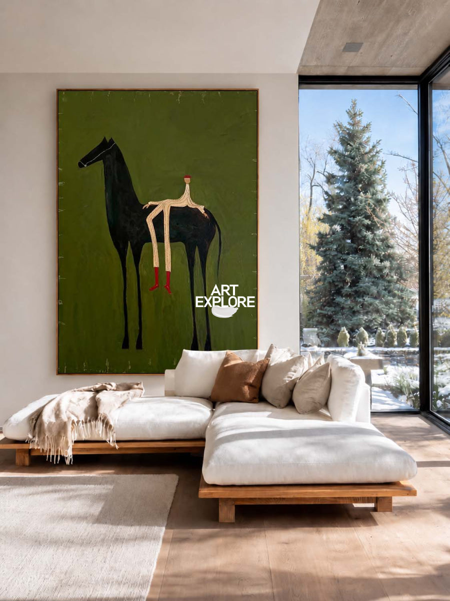 Minimalist Horse Painting Green Abstract Folk Art Canvas For Modern Home Decor