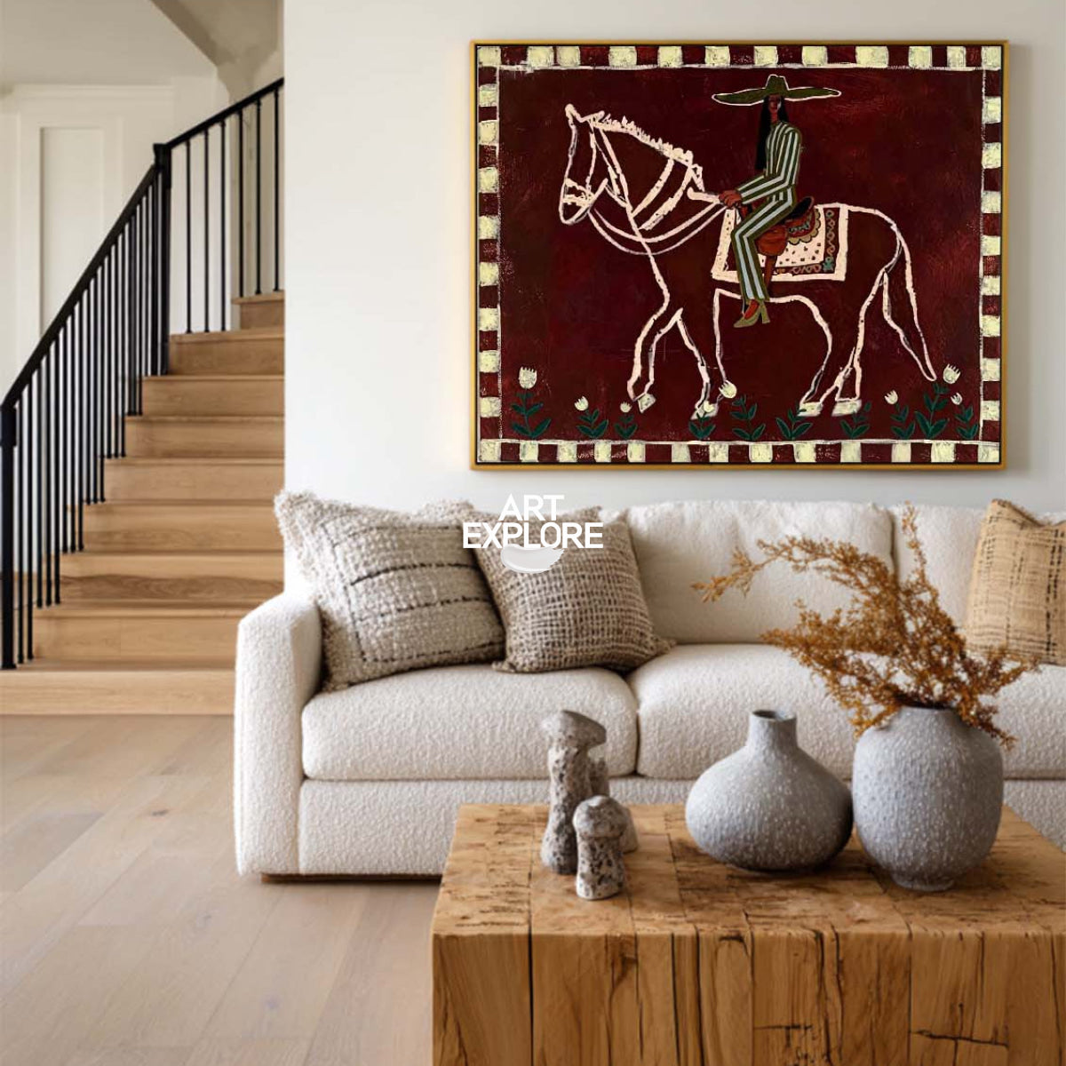 Original Folk Art Painting Of Horse And Rider In Red For Living Room Decor