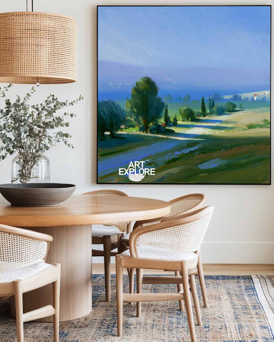 Modern Blue Green Landscape Painting Square Canvas Art For Living Room Decor