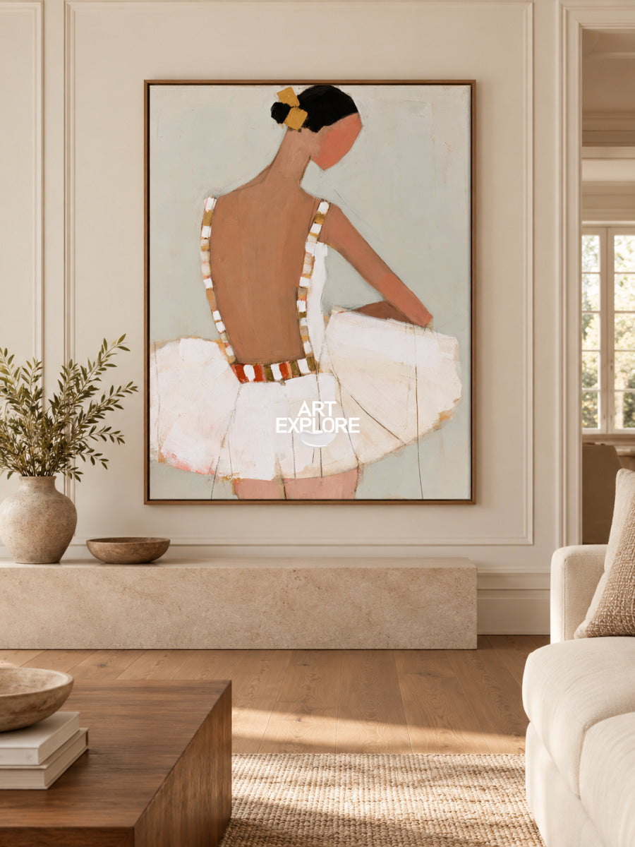 Ballerina Canvas Painting Minimalist Beige And Brown Hand-Painted Wall Art