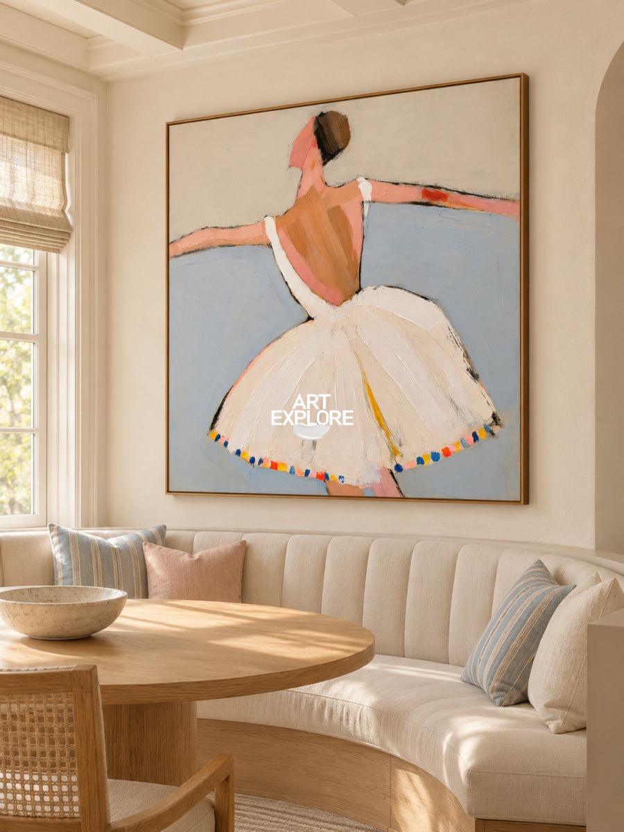 Minimalist Ballerina Canvas Painting In Beige And Blue Tones