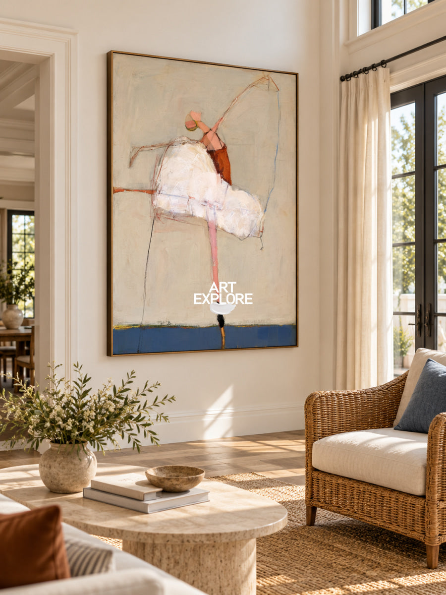 Abstract Ballet Dancer Canvas Painting In Beige And Blue Tones Hand-Painted Wall Art