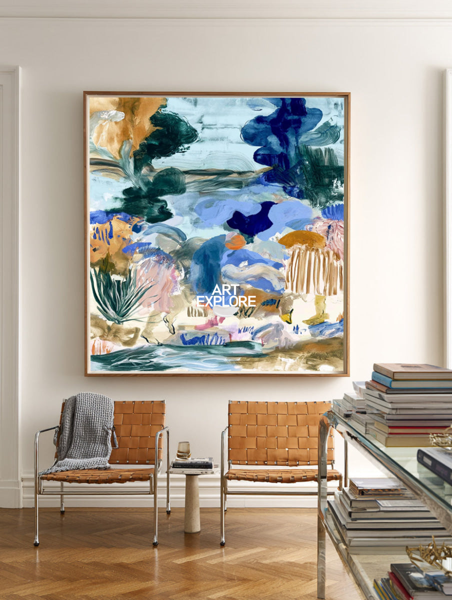 Blue And Green Abstract Canvas Painting Hand-Painted Wall Art With Earthy Tones