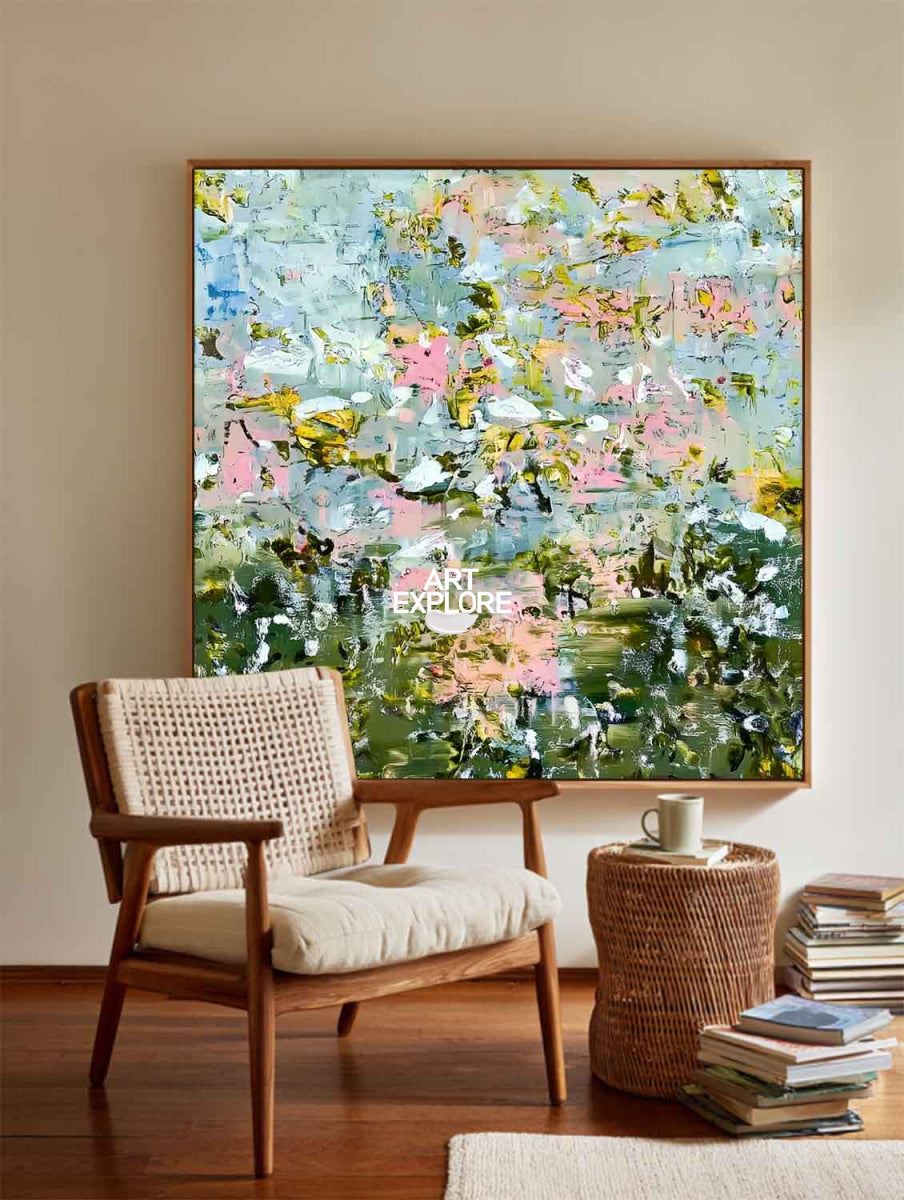 Abstract Floral Canvas Painting With Green And Pink Hues For Modern Home Decor