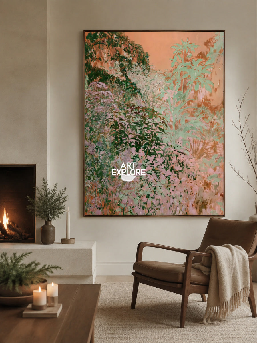 Hand-Painted Abstract Art In Pink And Green For Modern Organic Decor