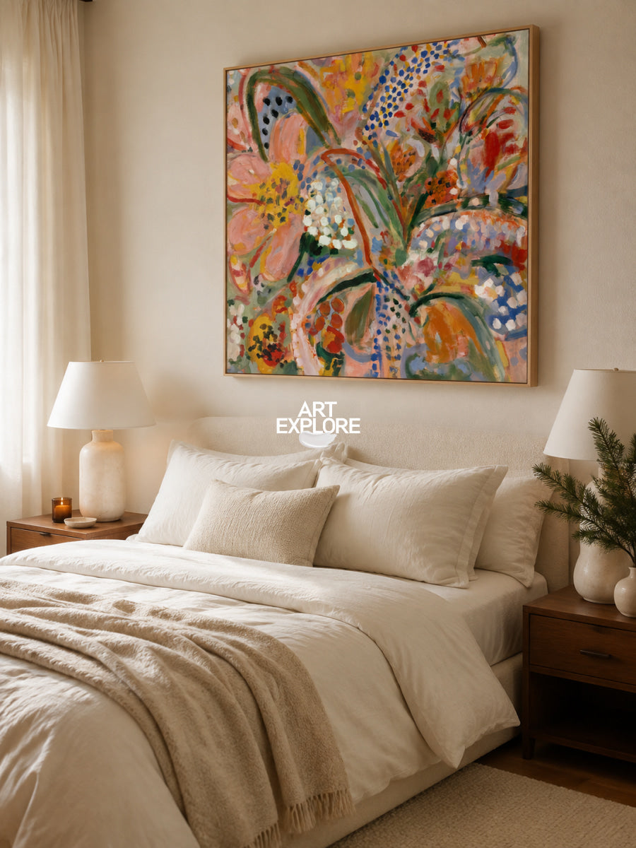 Abstract Floral Canvas Painting With Pink Blue Yellow Hand-Painted Wall Art