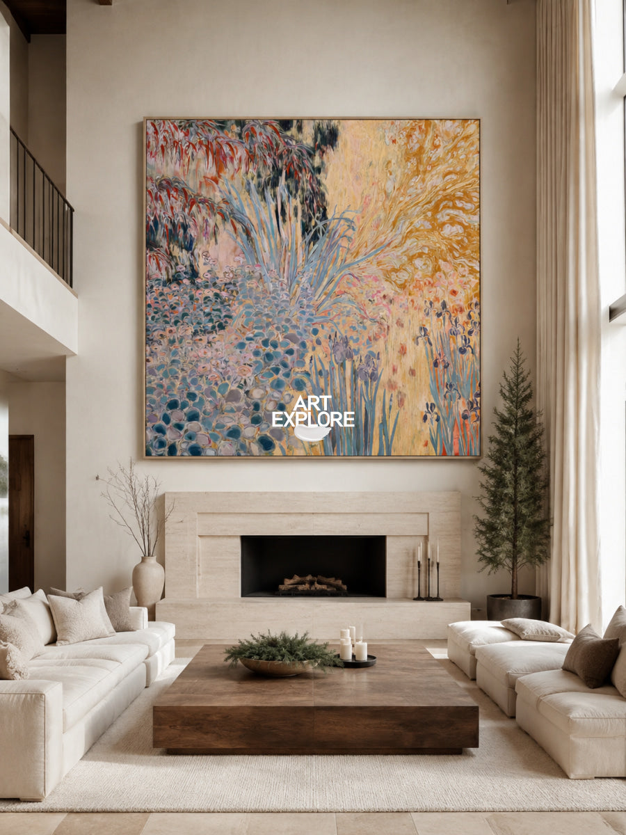 Abstract Floral Canvas Painting With Warm Pink And Orange Tones