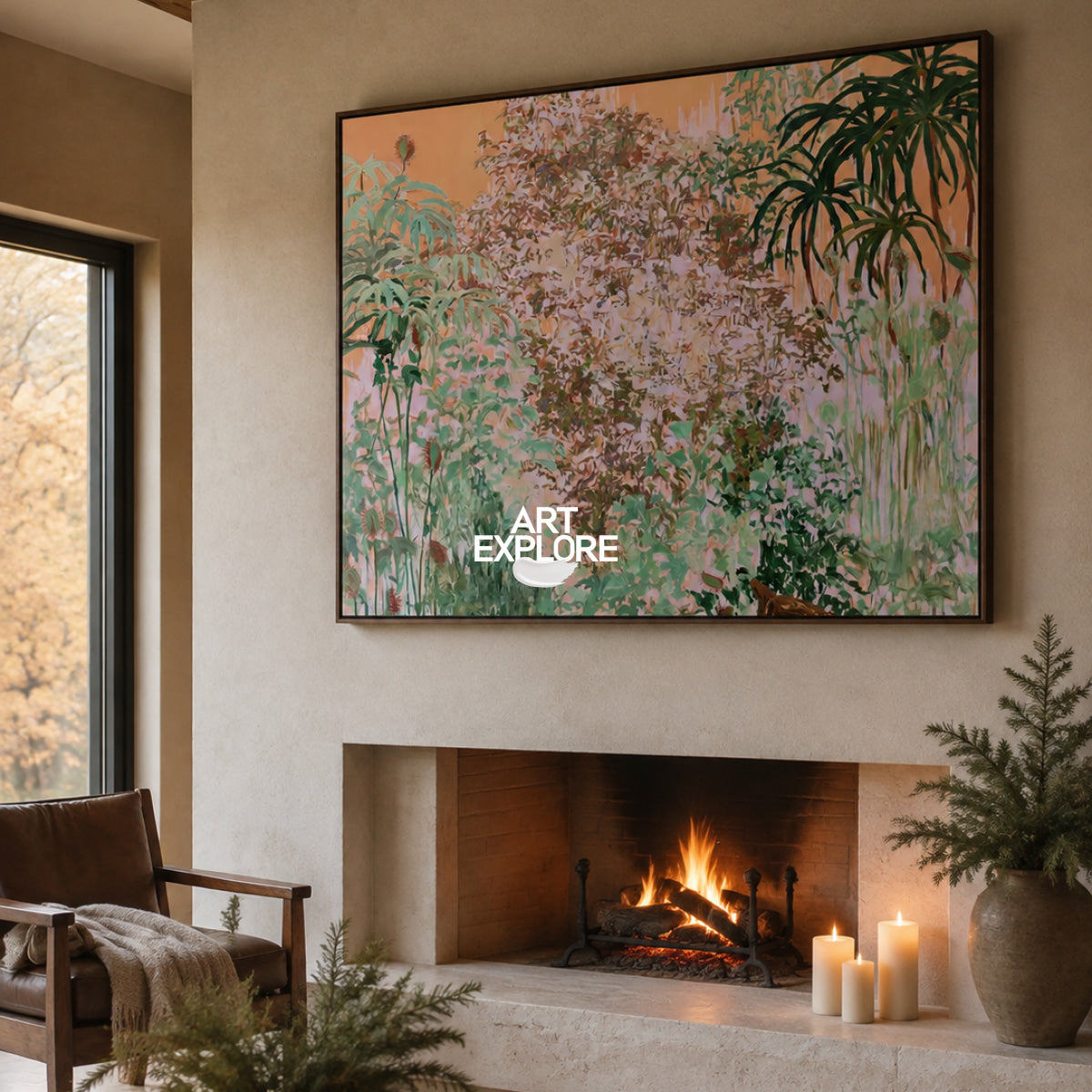 Abstract Pink And Green Botanical Canvas Painting Hand-Painted Wall Art For Modern Home