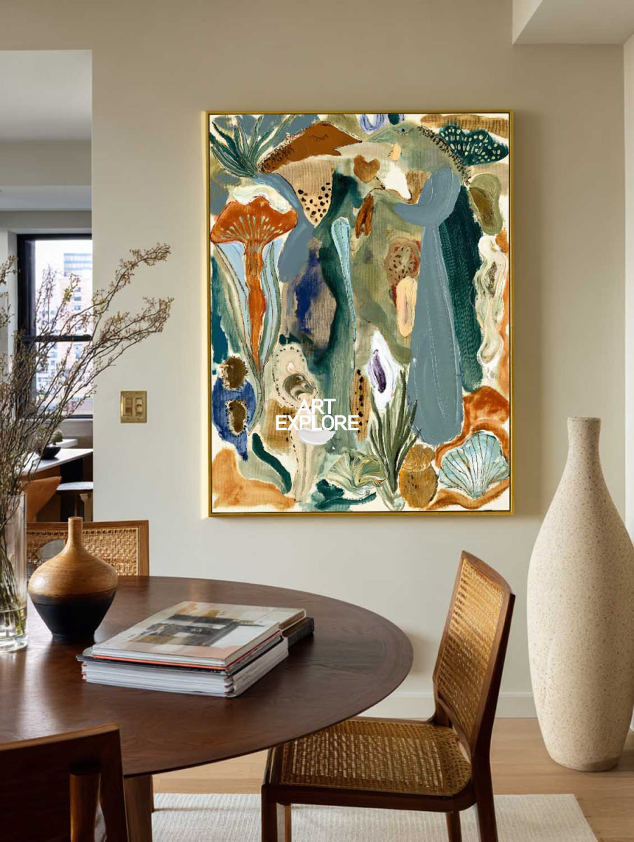 Abstract Botanical Canvas Painting In Green And Blue Hand-Painted Wall Art