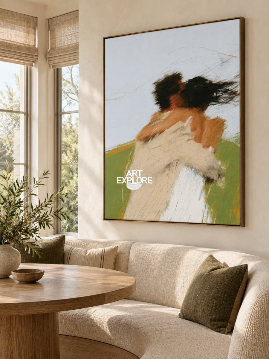 Abstract Couple Embrace Minimalist Canvas Painting In Beige And Brown