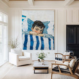 Large Boy's Portrait Oil Painting, Boy with Blue Shirt Wall Art Modern Impressionistic Painting