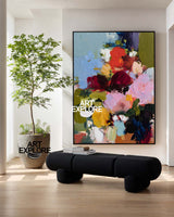 Extra Large Vertical Floral Art - Heavy Texture Roses Hand-Drawn