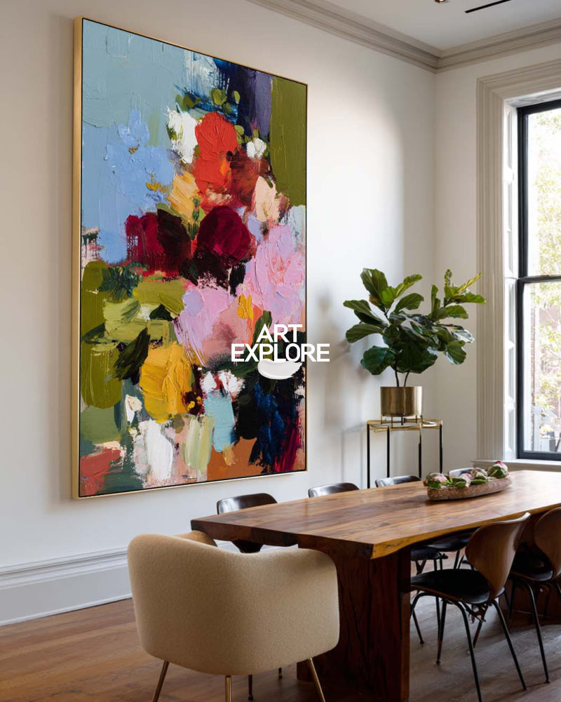 Extra Large Vertical Floral Art - Heavy Texture Roses Hand-Drawn
