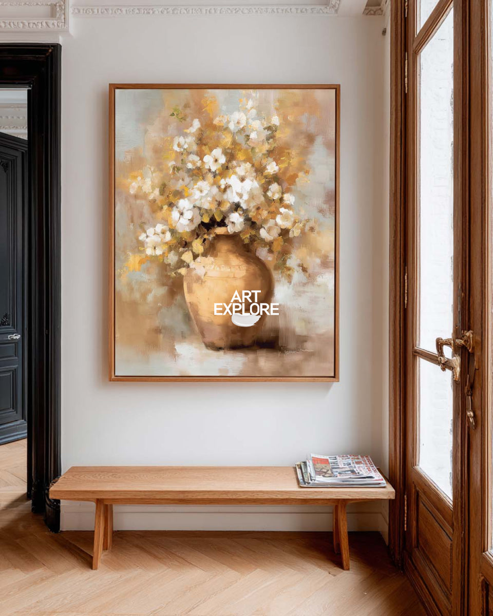 Luxury Abstract Floral Painting Warm Beige Gold Canvas Art For Living Room Decor