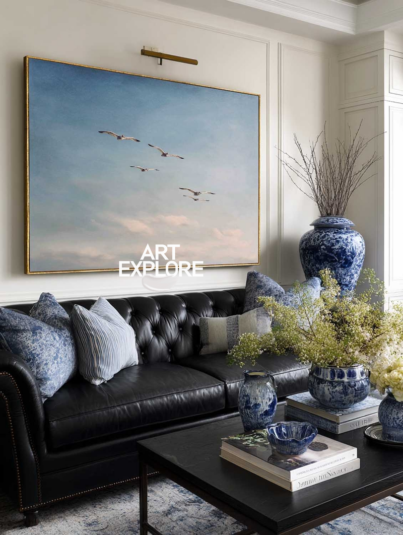 Framed Landscape Canvas | Large Seagull Painting for Office or Lounge | ArtExplore