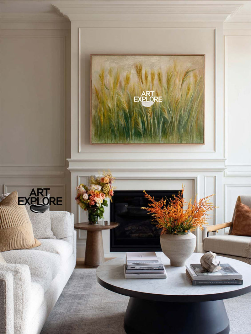 Golden Green Field Artwork – Large Modern Living Room Wall Decor