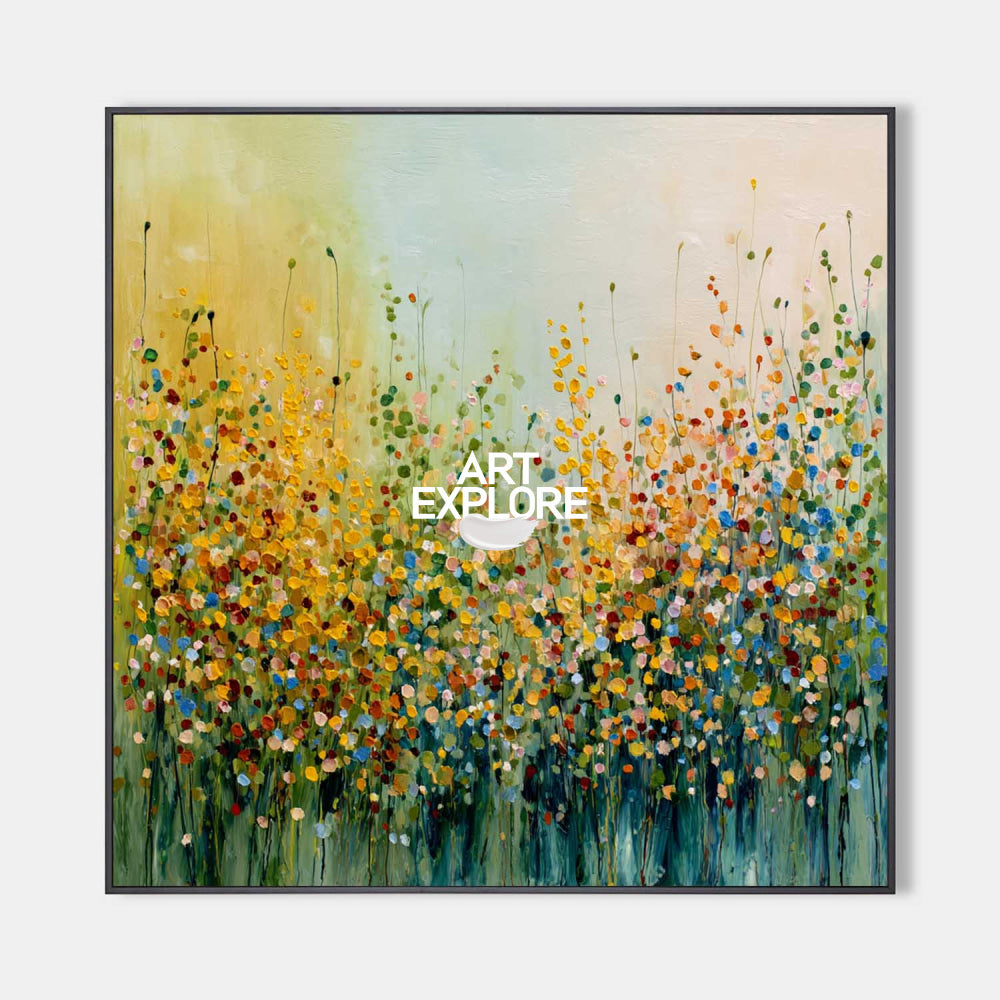 Golden Spring: Large Square Hand-Painted Impasto Dot Floral Art | ArtExplore