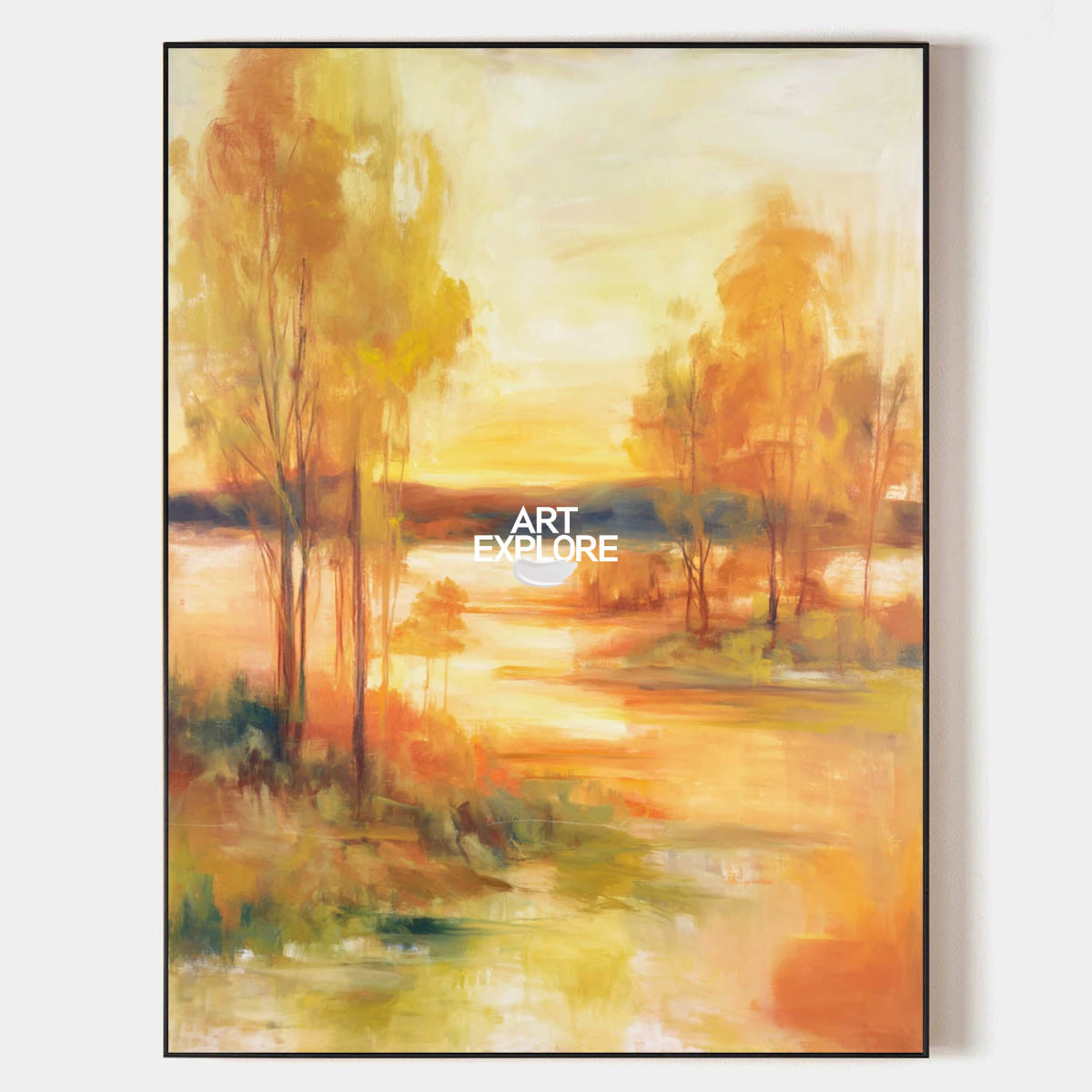 Golden Sunset Abstract Art Vertical Canvas Painting For Office Or Dining Room