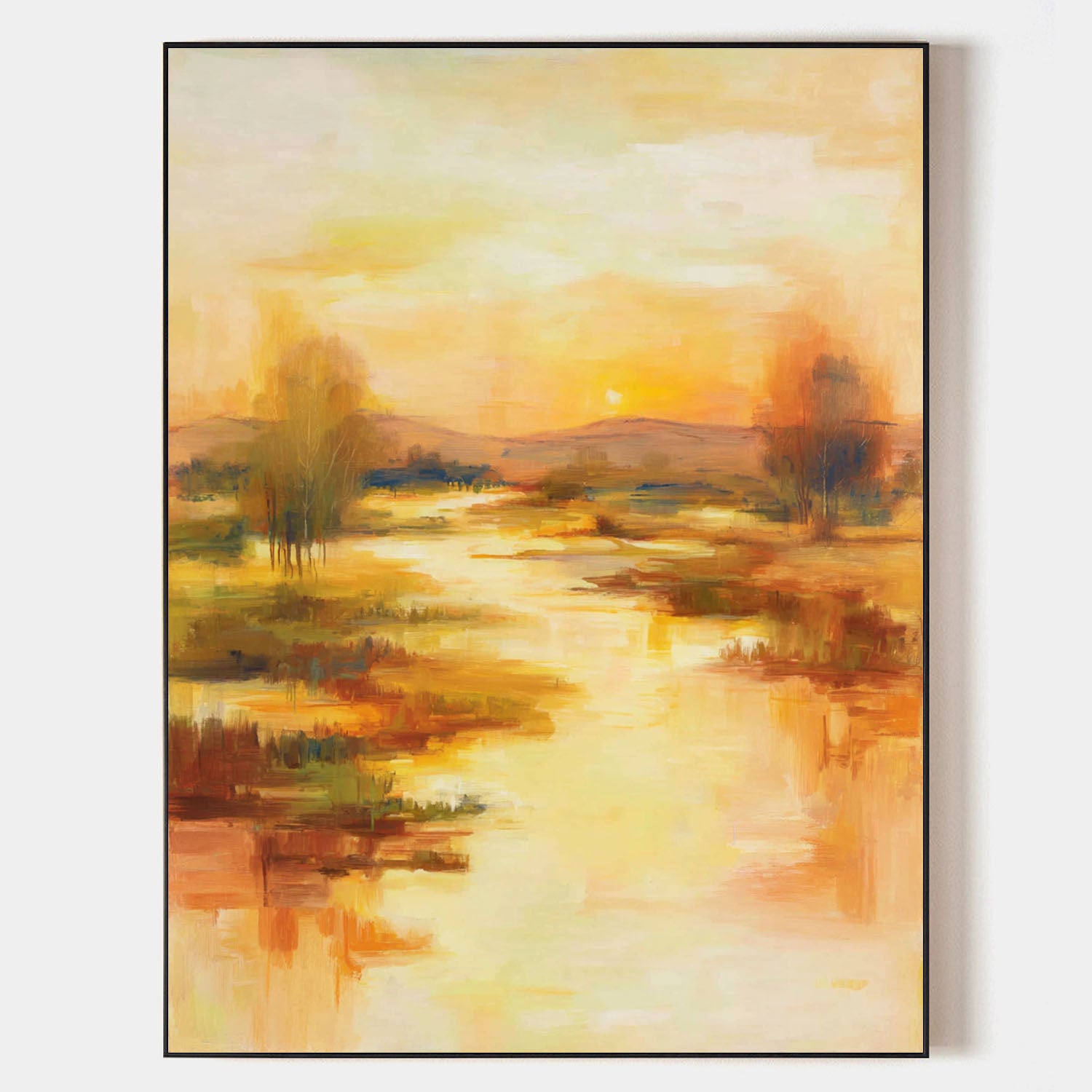 Golden Sunset Abstract Painting On Linen Canvas With Warm Tones For Modern Home Decor