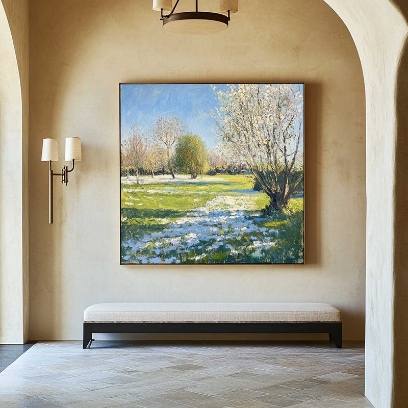Modern Green Backyard Painting Green Sunny Garden Wall Art Large Green Landscape Canvas Art For Sale