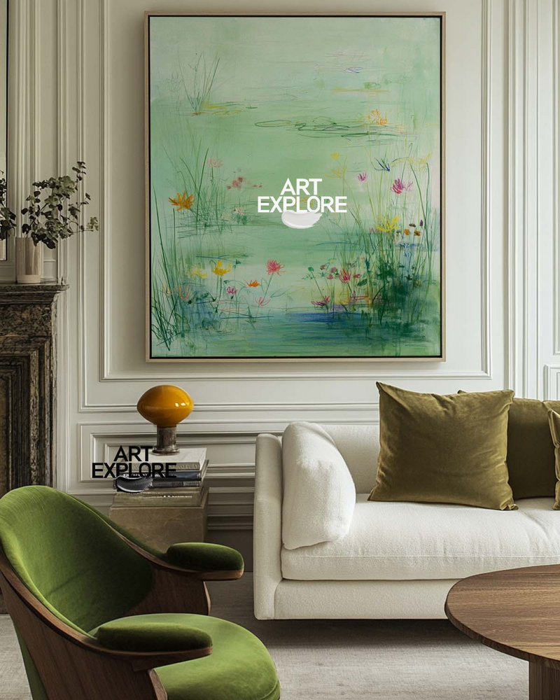 Green Botanical Lotus Pond Painting for Hotel & Home Interior | ArtExplore