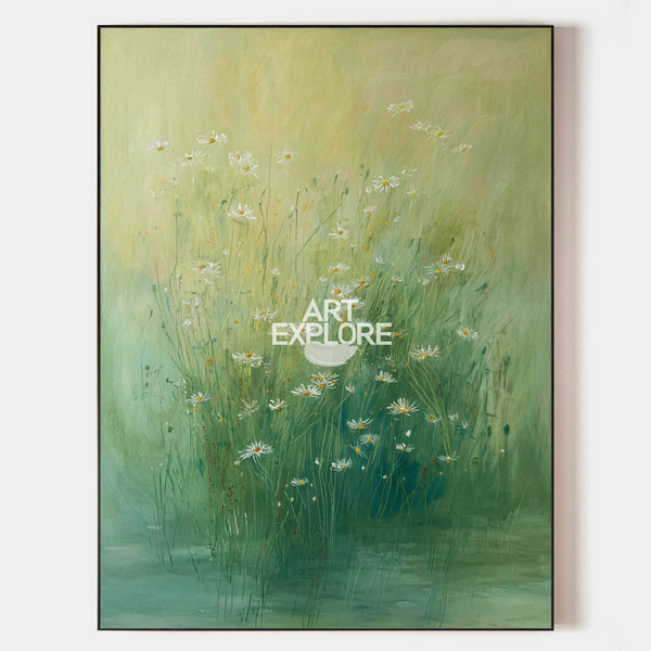 Green Daisy Lotus Pond Oil Painting – Large Vertical Wall Art for Modern Living Room | ArtExplore