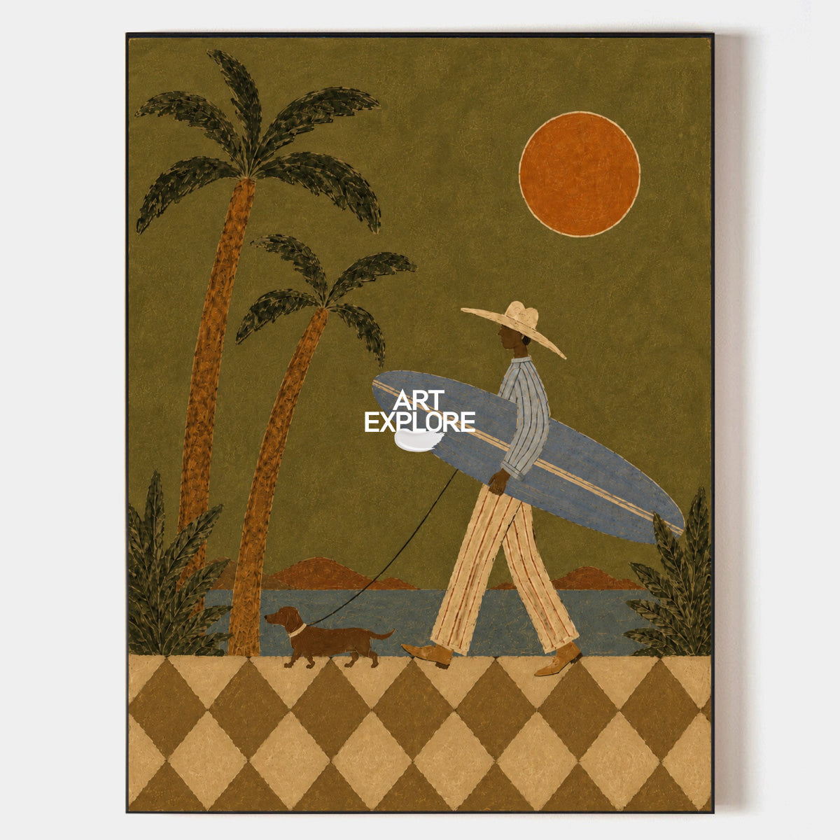 Green Folk Art Canvas Painting Retro Surfer Scene Handmade Decor