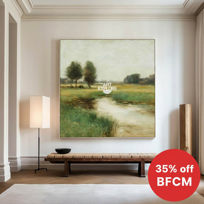 Green Lake Garden Oil Painting – Minimalist Square Canvas Art by ArtExplore