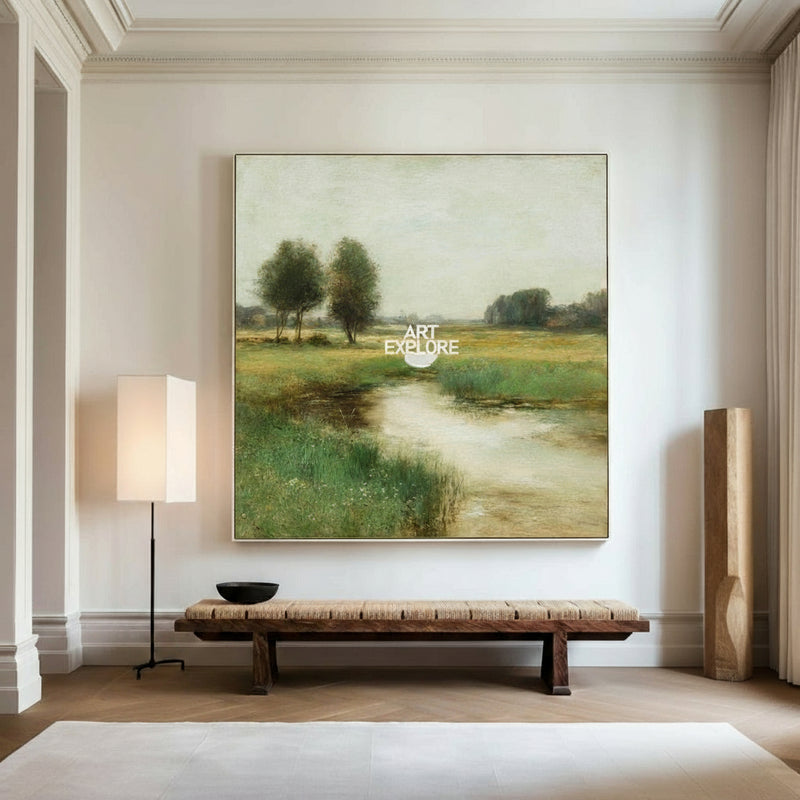 Green Lake Garden Oil Painting – Minimalist Square Canvas Art by ArtExplore