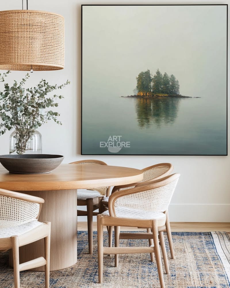 Green Lake Landscape Art | Minimalist Large Square Handmade Canvas ArtExplore