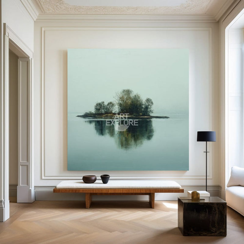 Green Lake Reflection Art | Large Minimalist Square Landscape Canvas ArtExplore